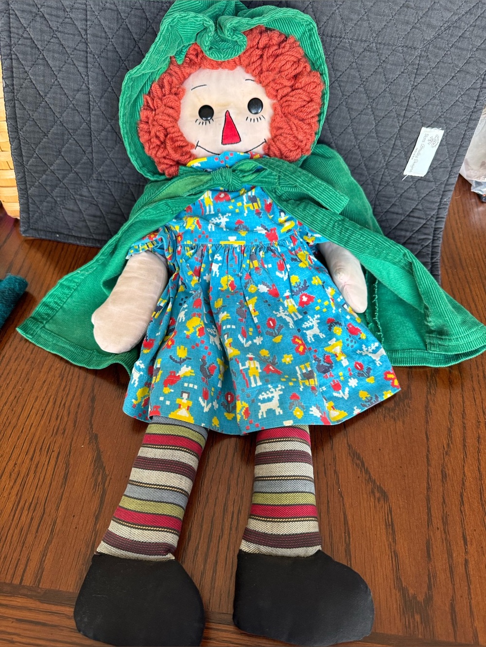 Raggedy Ann Doll  Vintage Green Corduroy Cape Custom Dress Embroidered Face